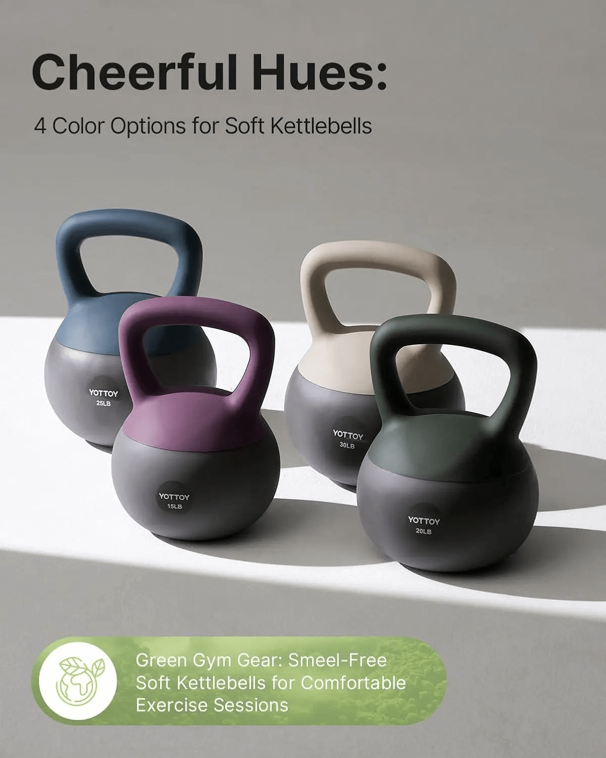 Four color options of soft kettlebells for strength training and workouts, featuring cushioned bases and wide-handle grips.